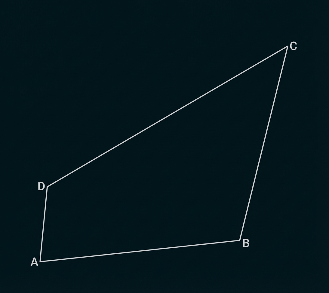 Gezeichnetes unregelmäßiges Viereck mit beschrifteten Eckpunkten A, B, C und D